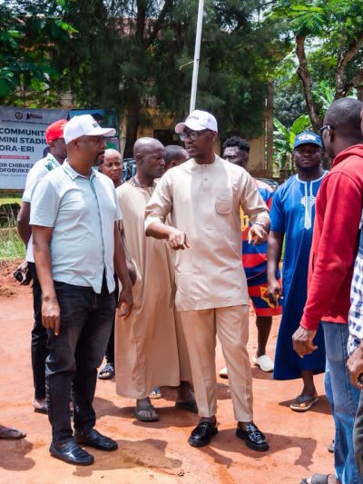 DEVELOPING GRASS-ROOT TALENTS: DR CHIBUEZE OFOBUIKE INSPECTS THE CONSTRUCTION OF COMMUNITY FOOTBALL FACILITY IN ORA-ERI, AGUATA LGA