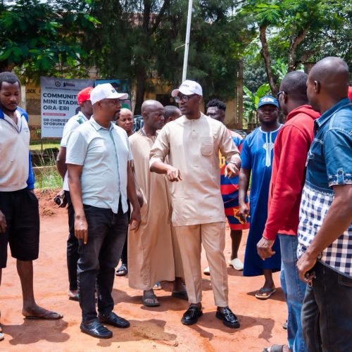 DEVELOPING GRASS-ROOT TALENTS: DR CHIBUEZE OFOBUIKE INSPECTS THE CONSTRUCTION OF COMMUNITY FOOTBALL FACILITY IN ORA-ERI, AGUATA LGA